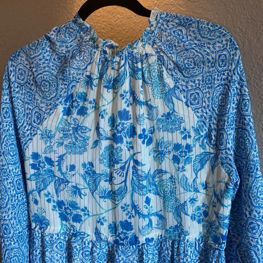 HEMANT & NANDITA Blue and White Ruffled Tiered Dress/NWT - Picture 10 of 12